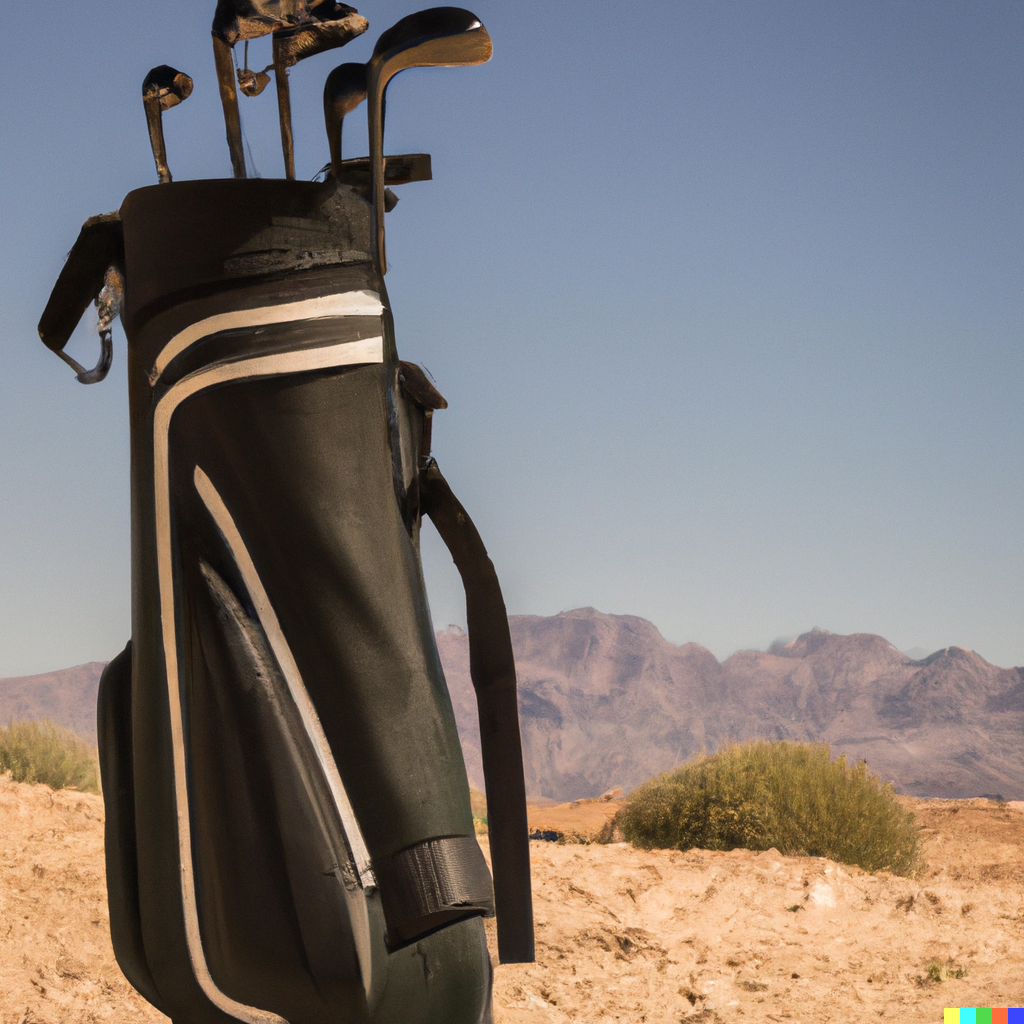 A standing golf bag with a desert in the background